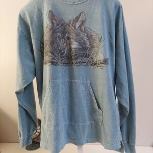 Harlequin Vintage Blue Shirt XL Wolf Kangaroo Pocket Crew Neck 90s USA‎ Wildlife